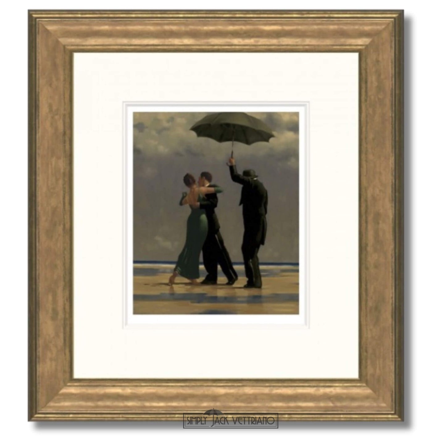 Framed art print of a classic painting depicting a romantic couple embracing on a beach under an umbrella, surrounded by a wide white mat and a textured gold frame.